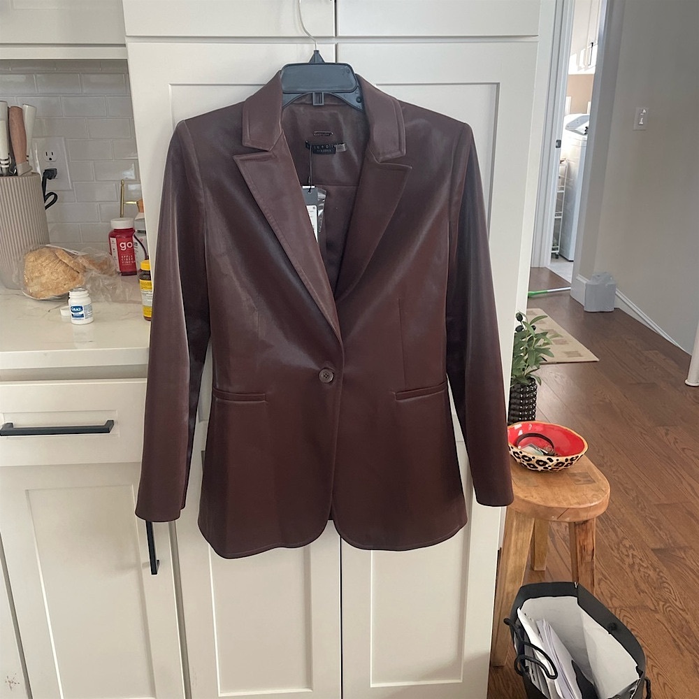 Alice + Olivia Chocolate Brown faux leather blazer